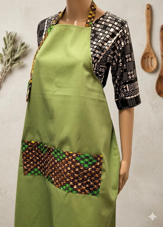 Tablier artisanal Sauge et Caractère en coton vert avec motifs géométriques