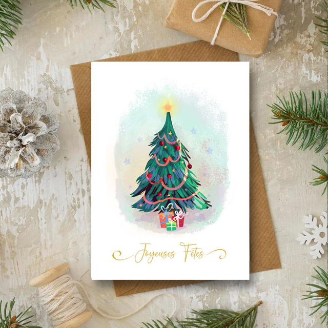 Carte de Voeux "Sapin de Noël" avec enveloppe dorée  