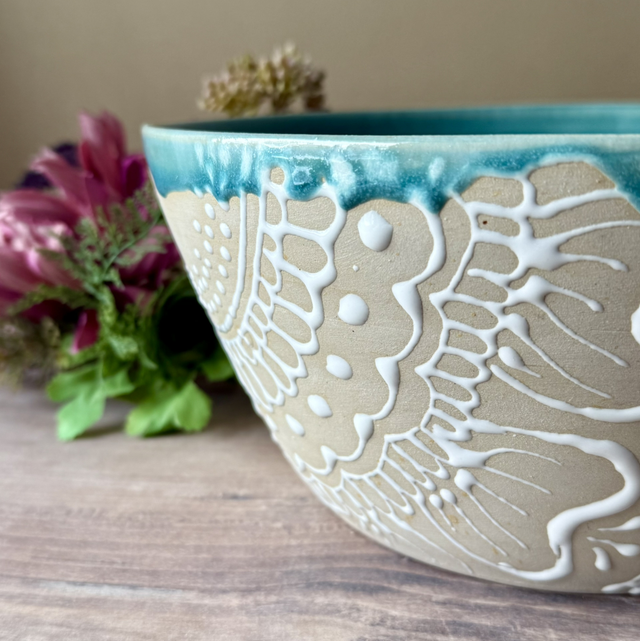 One-of-a-kind ceramic bowl / fruit bowl / large serving bowl, turquoise with white flower decor