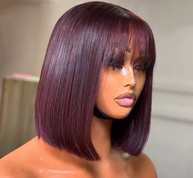 Perruque Bob Lisse avec Frange – Bordeaux
