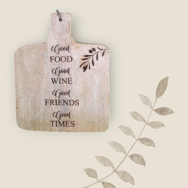 Mangohouten Borrelplank met de tekst, Good Food...