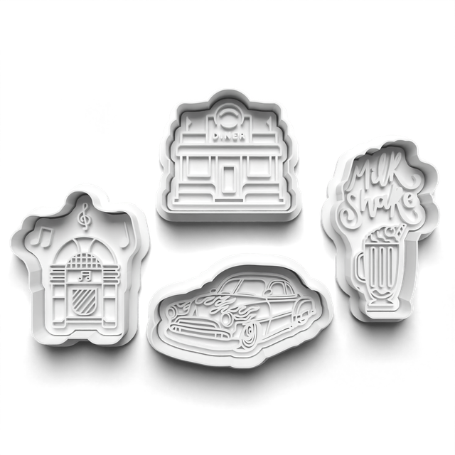 50's Style Cutter Embosser Set of 4 Cookie Cutters &amp; Stamps Biscuit Mould Debossed (1)