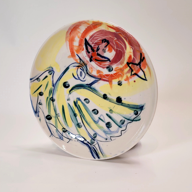 Petite assiette oiseau & soleil rouge