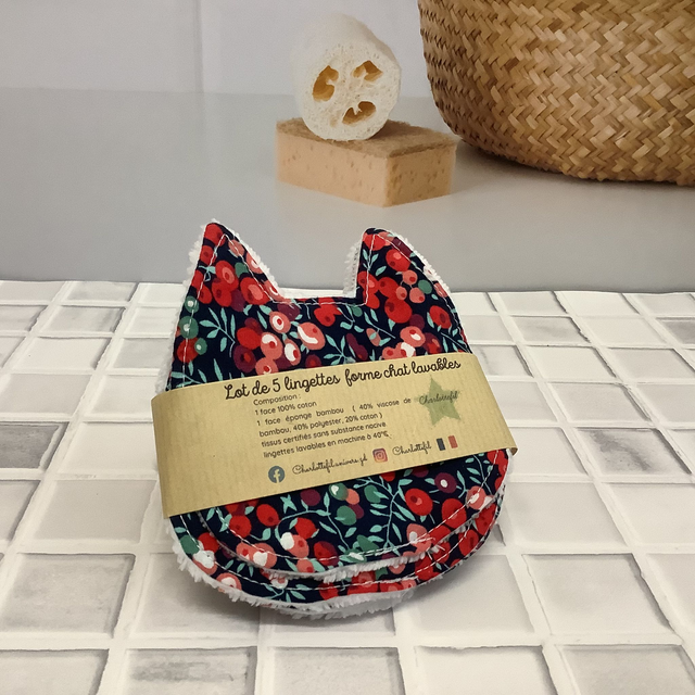 5 Lingettes Lavables  forme Chat 