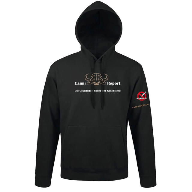 Hoodie Caimi Report mit Zusatz «Die Geschichte...» und Ärmelaufdruck «ungeimpft»