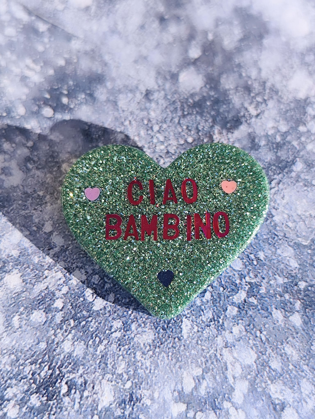 Broche cœur à paillettes - message : CIAO BAMBINO