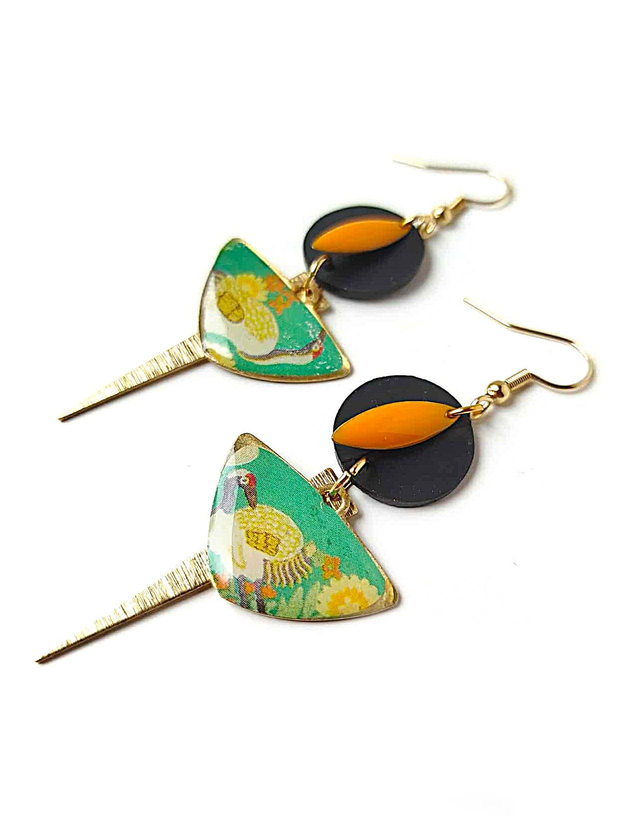 Boucles d&#039;oreilles Upcyclées en Chambre à Air et Papier Recyclés - Grues asiatiques