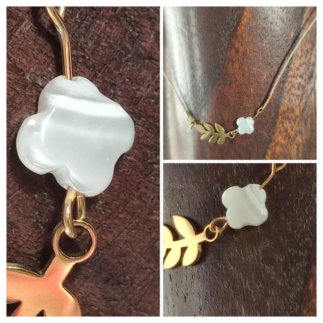 Z- Collier fleur en nacre et feuille en acier inoxydable doré,ras du cou, monté sur fil de lin réglable avec chaîne d&#039;extension dorée, pièce unique 