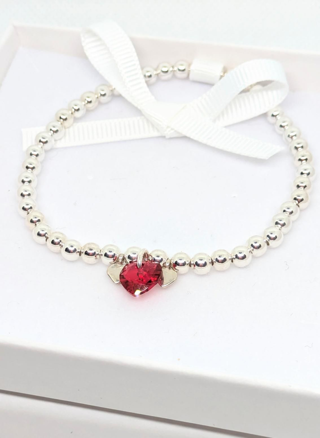 Silver Plated Crystal Ruby Heart Stretch Bracelet 