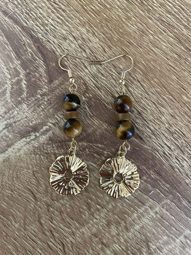 Boucles d'oreilles Oeil de tigre 8 mm et Bois pétrifié