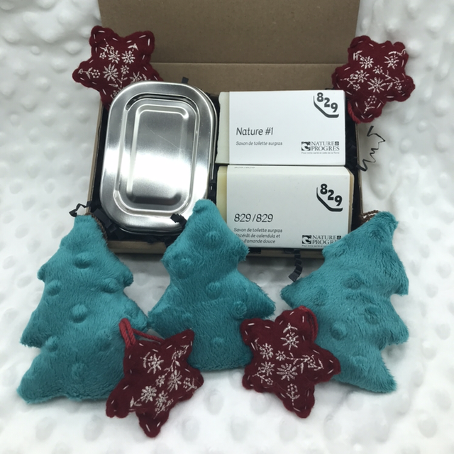 Coffret 2 savons de toilette + 1 boîte à savon en inox