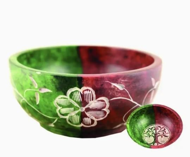 Vuolukivinen tahrakulho  punainen & vihreä elämänpuu