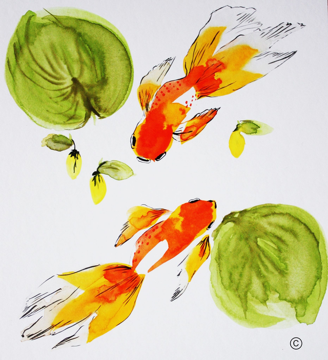 Original painting gold fish, Paining colored paper, Japanese cardboard, Japanese ink painting