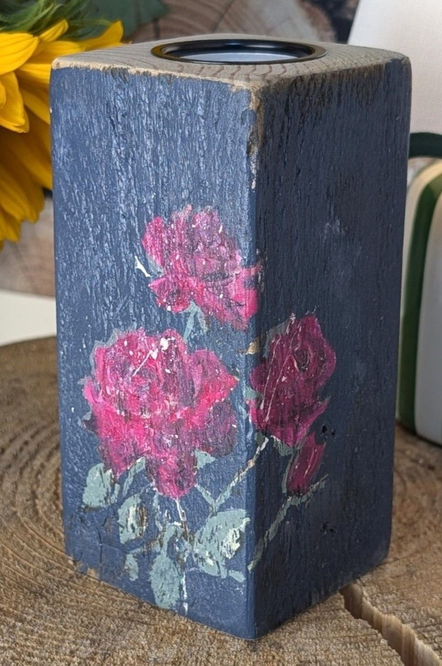 Roses striking pink painterly on navy - Tealight Holder Reclaimed Wood