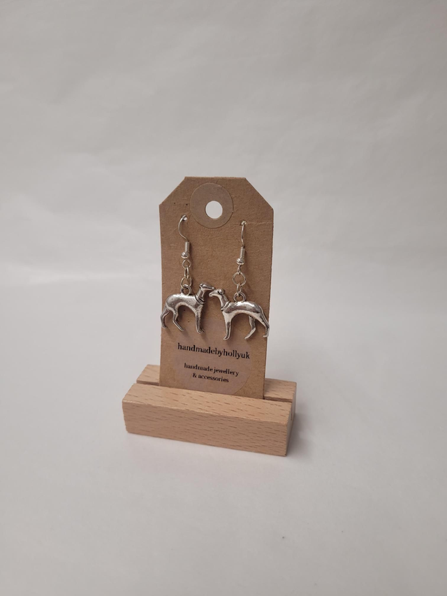 Greyhound Charm Drop Earrings - Silver Plated - HBH-026