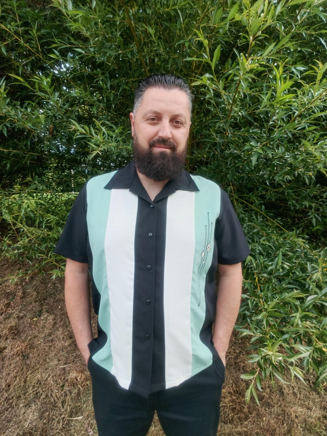 Chemise bowling vert,écru , noir 