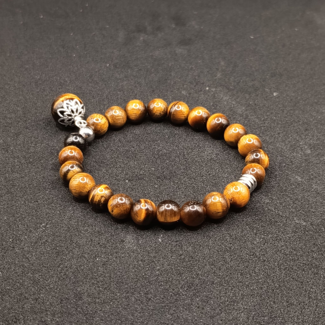 Bracelet œil de tigre 8 mm avec pendentif 10 mm – Élastique &amp; acier inox