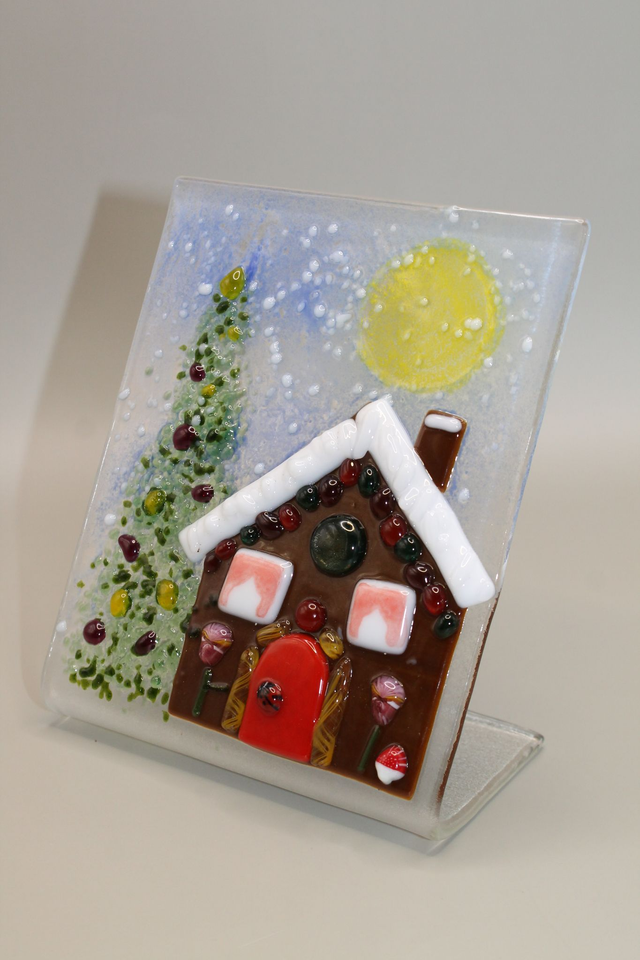 Gingerbread House with Red Door Free Standing Christmas Suncatcher