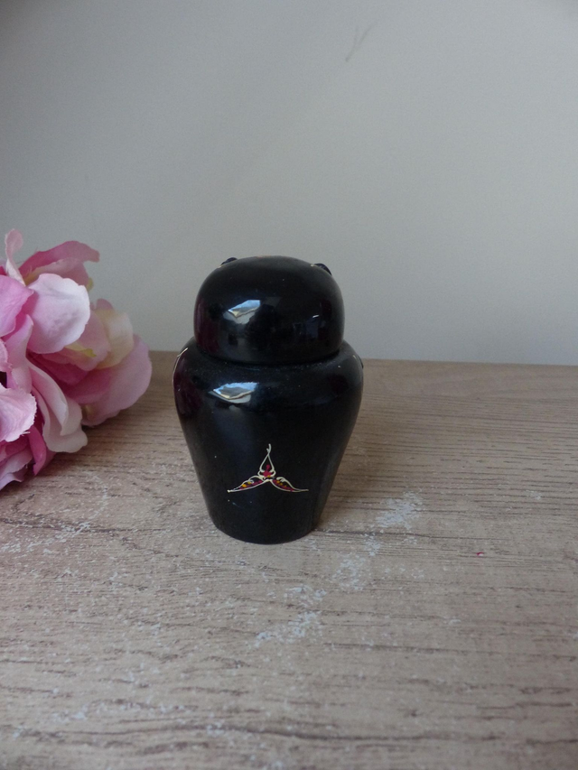 Ancienne petite boite en bois laqué forme chouette/ figurine oiseau peint à la main H 8,5 collection chouettes, artisanat d'art, cadeau