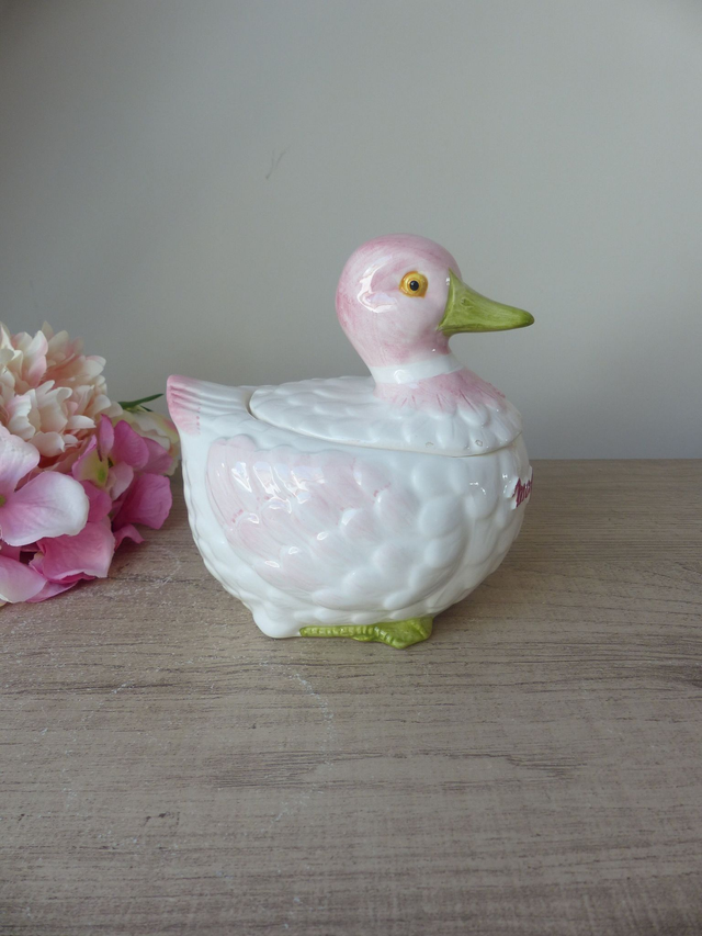 Poubelle de Table Vintage en Barbotine – Canard en Céramique Rose, Blanc et Vert – Vide-Poche ou Boîte Décorative Originale pour Cuisine