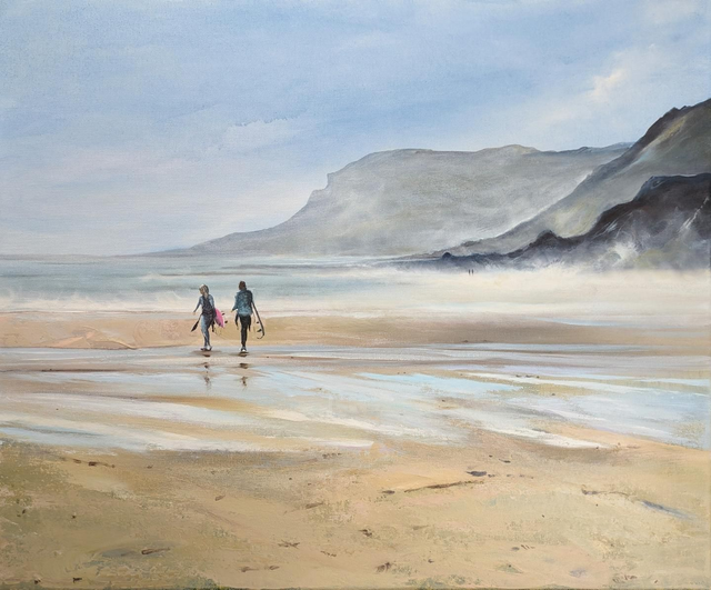 Surfers on Caswell Bay, Wales