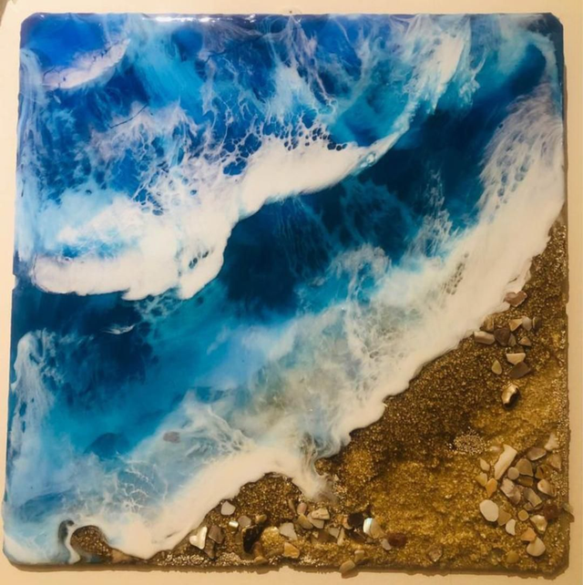 Resin Seascape on wooden panel. Sea beach Ocean painting art 3D resin art. Resin wall