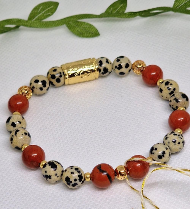 Bracelet Jaspe rouge et Jaspe Dalmatien en 0,8 cm 