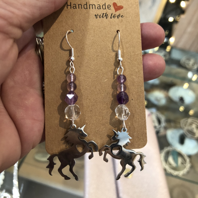 Boucles d’oreilles améthyste cristal de roche 🐎 inox
