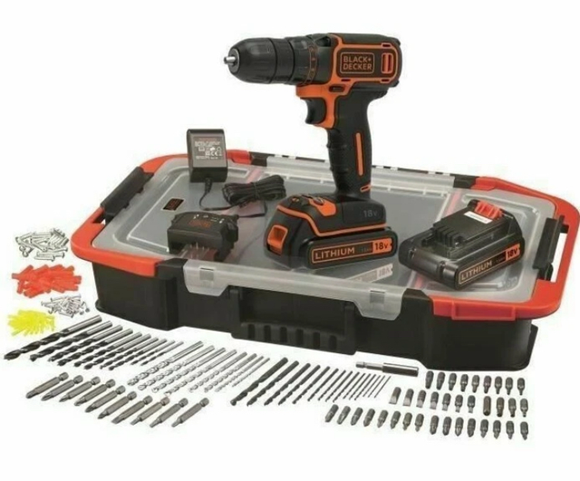  Perceuse sans fil Lithium BLACK &amp; DECKER 18 V + 2 batteries + 160 accessoires