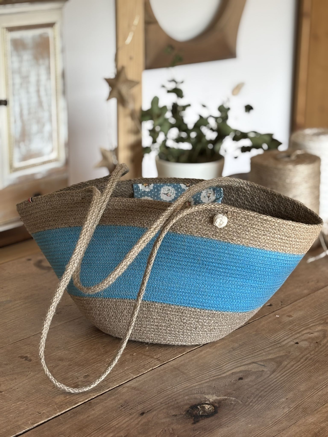 Panier cabas format moyen tresse jute &amp; coton turquoise