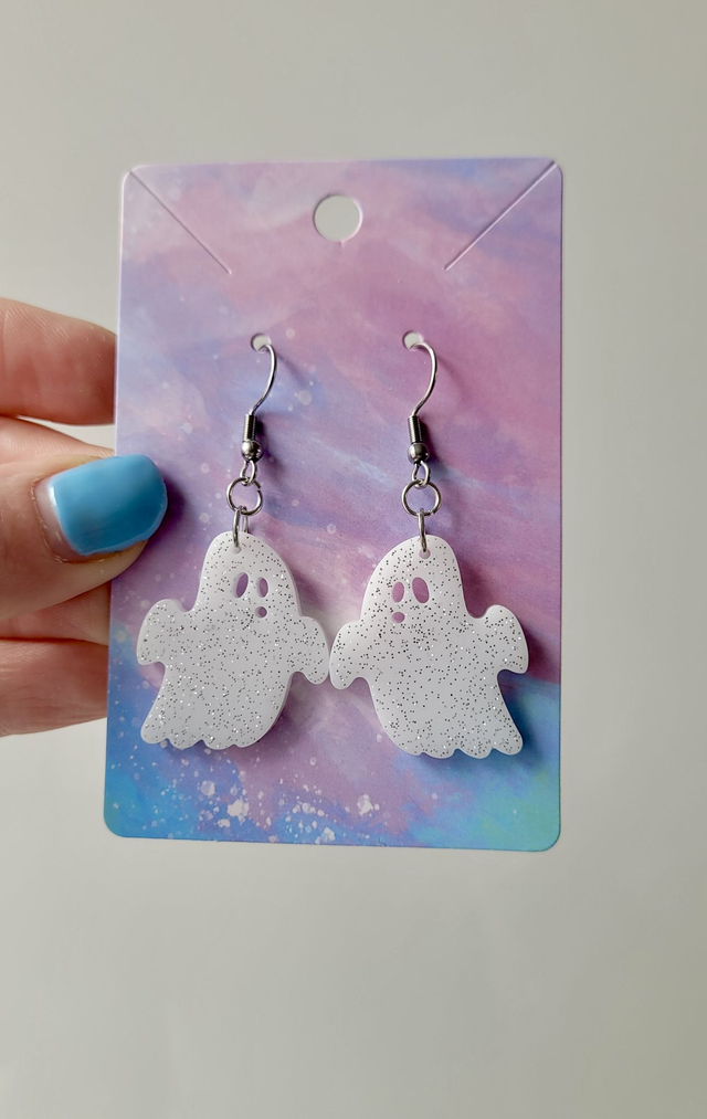 Earrings | White with Silver Glitter Ghost Earrings | Stainless Steel Hooks or Hoops