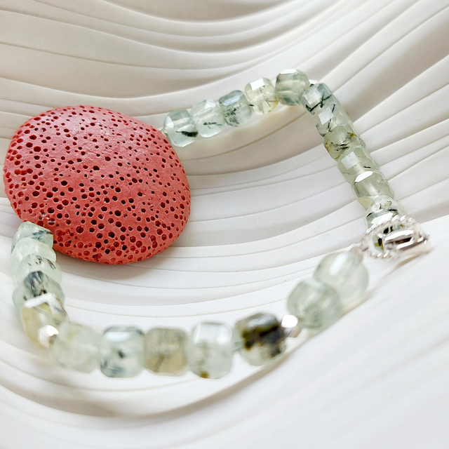 Lava (red), square faceted Prehnite and sterling silver beaded bracelet