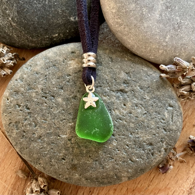 Cornish Sea Glass &amp; Silver Star Pendant