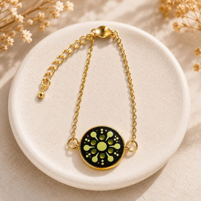 Bracelet mandala doré – Jaune &amp; bronze peint à la main