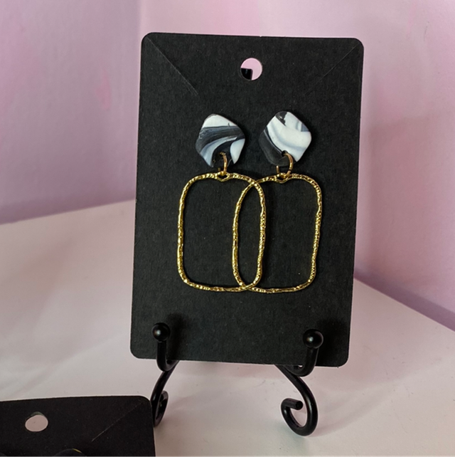 Black Marble Earrings With Gold Rectangular Accessories 