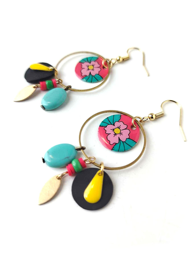 Créoles Upcyclées en Carte de Tarot, Chambre à air de tracteur et Perles Recyclées - Florales