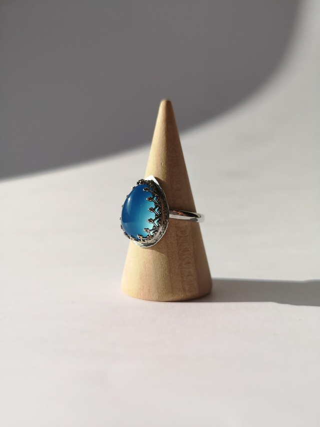 Patterned Blue Chalcedony Sterling Silver Ring 