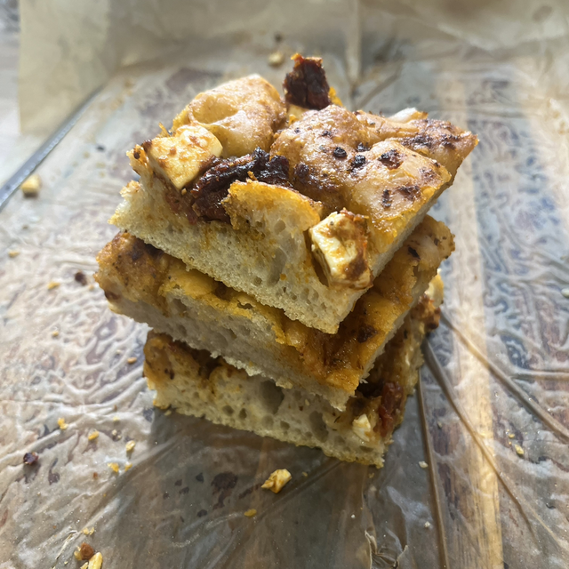 Red pesto sundried tomatoes and feta cheese Focaccia 