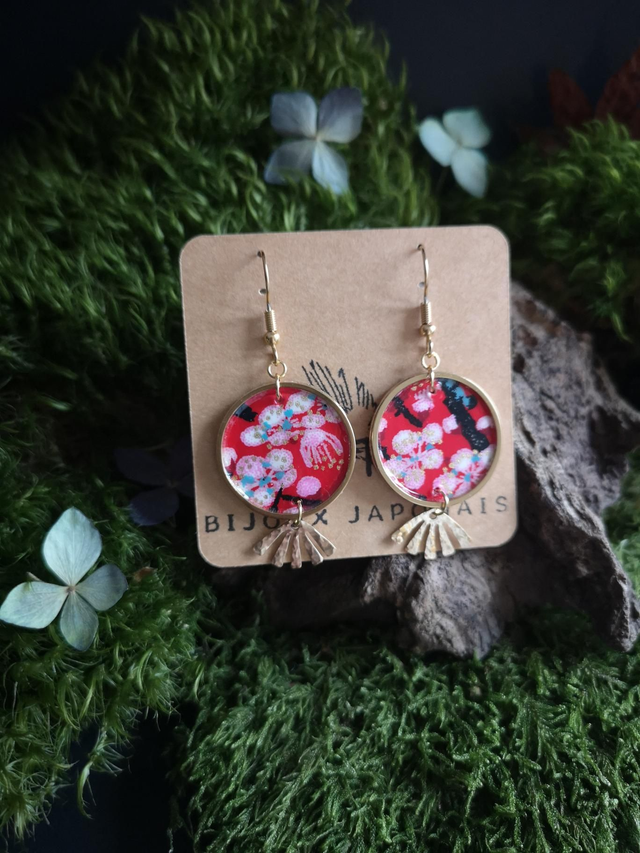 Boucles d'oreilles - crochets - papier washi - fleurs - éventail - La&amp;Titia 