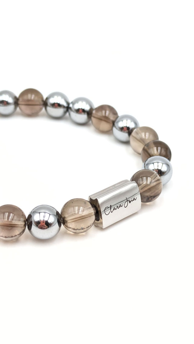 ✨ Bracelet Quartz Fumé &amp; Acier Argenté – Stabilité &amp; Clarté intérieure