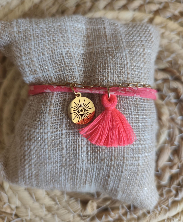 BRACELET "LIBERTY" ROSE/ BRELOQUE/ POMPON FLUO 0000312