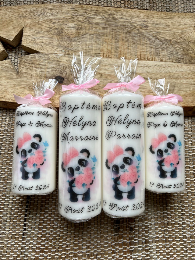 Bougie baptême personnalisée thème panda avec fleurs