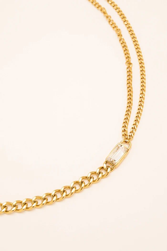 Collier doré pierre rectangulaire blanche