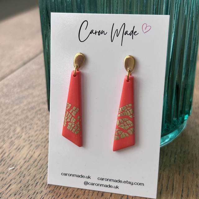 Coral and gold long earrings