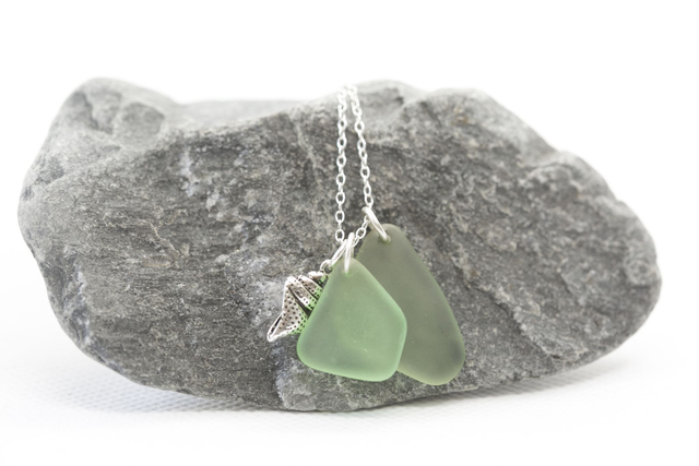 Sterling silver sea glass pendant necklace with solid silver shell charm