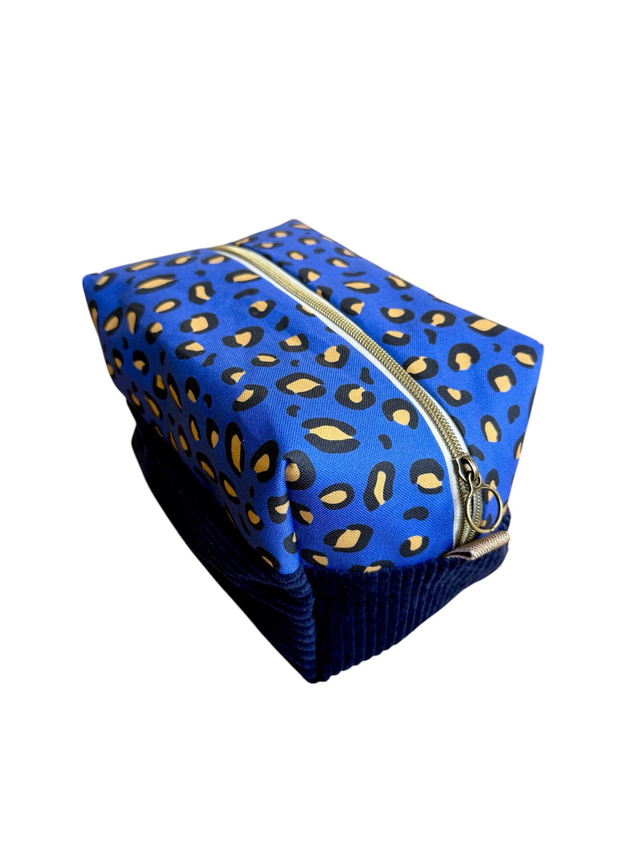 Trousse de toilette carré - tissu intérieur imperméable - LEOPARD velours bleu + bleu
