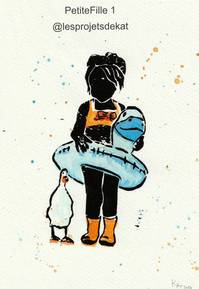 Petite Fille au Canard - Linogravure &amp; Aquarelle