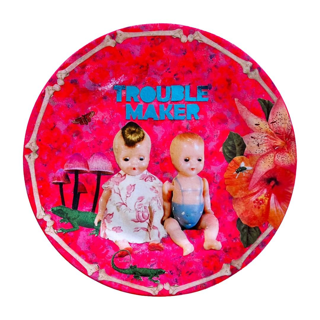 "Trouble Maker" Neon Pink Upcycled Wall Plate - House of Frisson