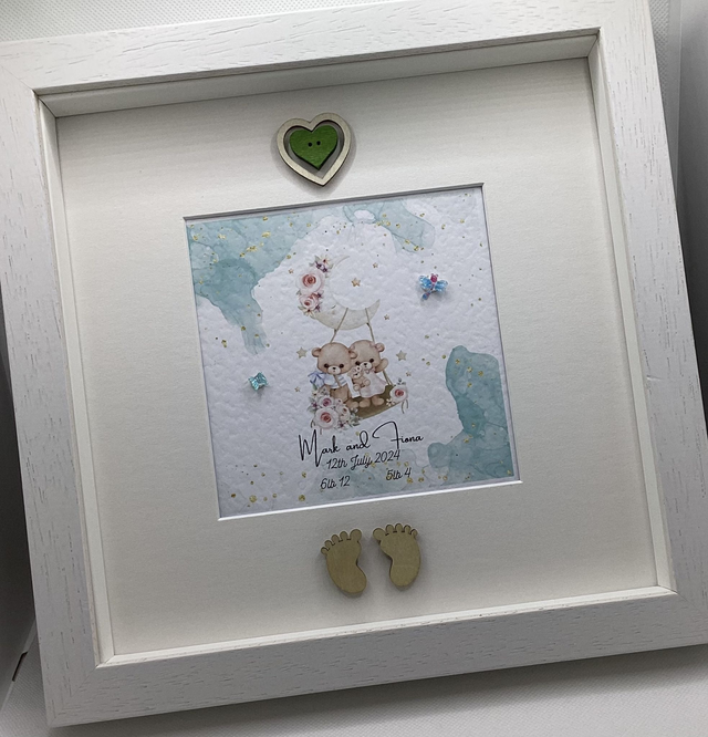 Personalised New Baby/ Christening frame and album for twins. FREE pen and pendant.