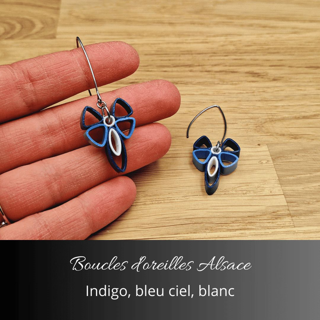 Boucles d&#039;oreilles Alsace - Indigo, bleu ciel, blanc